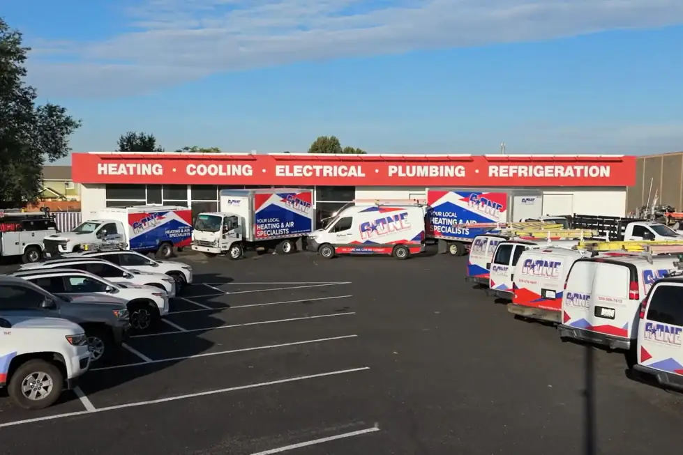 The A-One shop on N 20th Avenue in Pasco with the service fleet parked in front